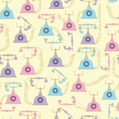 Vector illustration. Retro colorful telephones seamless repeat pattern.