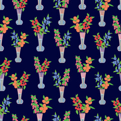Raster illustration. Fruits in a vase 
 on navy blue background seamless repeat pattern.