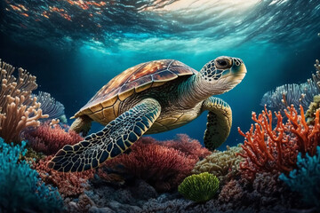 Obraz premium green sea turtle swimming in the Underwater world to enjoy nature, Turtle, corals, 3d water floor, Bright sky, Safe Atmosphere, HQ landscape, 4K, Animal Wallpaper, wildlife Background, AI.