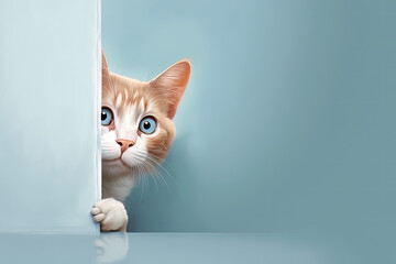 Cat peeks behind a corner. Blue background with copy space. Generative Ai