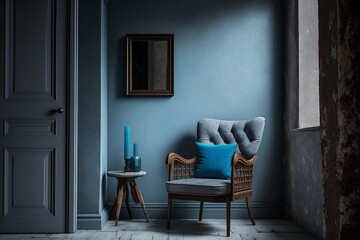 Naklejka na ściany i meble Modern living room, interior with grey wall, blue armchair, wood side table, picture on the wall Generative AI
