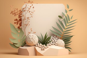 Podium on pastel background with plant branches,leaves,pebbles and natural stones. Mock up for the exhibitions, presentation of product Generative AI
