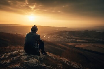 A man sits on a hill looking at the sunset, generative ai image