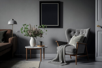 Modern living room interior with grey wall, grey armchair and wood side table Generative AI