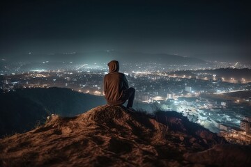 A man sits on a hill looking at a city at night, generative ai image