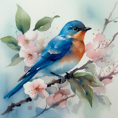 Watercolor birds on flowering branches. Generative AI technology.	
