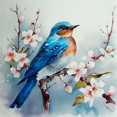 Watercolor birds on flowering branches. Generative AI technology.	