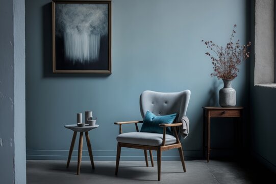 Design scene with a chair, modern living room, interior with grey wall, wood side table, picture on the wall Generative AI