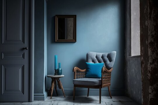 Modern living room, interior with grey wall, blue armchair, wood side table, picture on the wall Generative AI