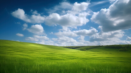 Fototapeta na wymiar Green lush fresh spring landscape background wallpaper background illustration design with hills, blue sky, clouds. AI generated illustration.