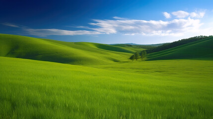 Obraz premium Green lush fresh spring landscape background wallpaper background illustration design with hills, blue sky, clouds. AI generated illustration.