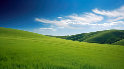 Fototapeta premium Green lush fresh spring landscape background wallpaper background illustration design with hills, blue sky, clouds. AI generated illustration.