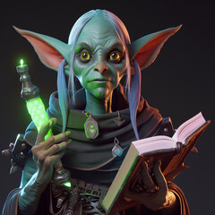 3d portrait of a female goblin cleric with a spell