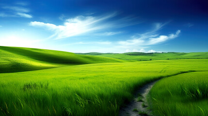 Fototapeta premium Green lush fresh spring landscape background wallpaper background illustration design with hills, blue sky, clouds. AI generated illustration.