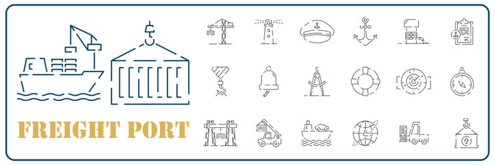 Seaport, line icon set. Equipment for the shipping industry. Marine port and freight vessels. Logistic. Transport ship delivery