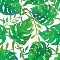 Raster illustration. Hand painted watercolor tropical monstera leaves seamless repeat pattern. Best for bedding and home décor.