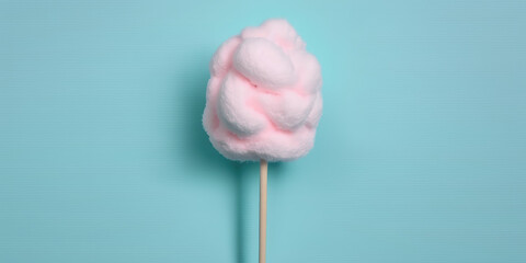 Stick with cute yummy cotton candy isolated on flat lay pastel blue background. Sweet sugar cotton candy pink color. Copy space for text, banner template. Generative AI art.