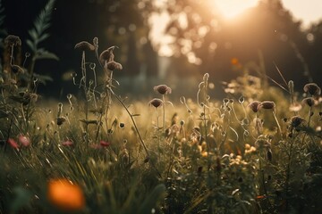 Field of wild flowers in the rays of the setting sun. Nature background, summer, generative ai