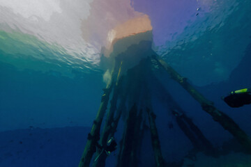 Digitally created watercolor painting of an maritime pier from a SCUBA divers perspective