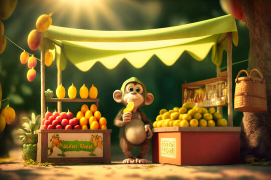 Mischievous monkey stealing a banana from a fruit stand,