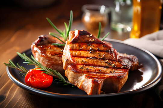 Grilled pork steak on a plate close-up. Beef fillet with rosemary sprig. Rare roast beef meal on a dark wooden rustic table. Image is AI generated.
