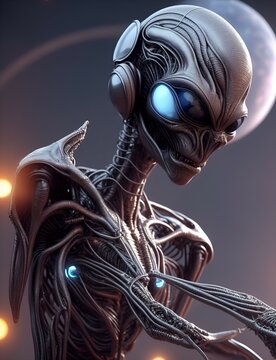 ealistic image of a futuristic alien with a space background, intricate details, photorealistic, cinematic colors. Created with artificial intelligence AI