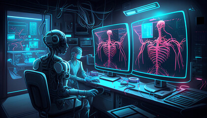 Future medicine and cyborgization. monitors and cyborgs in the lab. Generative AI Technology