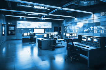 Empty interior of big modern security system control room, workstation with multiple displays, monitoring room with at security data center Empty office, desk, and chairs. Generative Ai.