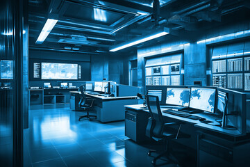 Empty interior of big modern security system control room, workstation with multiple displays, monitoring room with at security data center Empty office, desk, and chairs. Generative Ai.