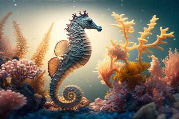 Red Seahorse with corals in the Underwater world to enjoy nature, Seahorse, corals, 3d water floor, Bright sky, Safe Atmosphere, HQ landscape, 4K, Animal Wallpaper, wildlife Background, AI.