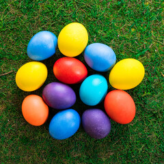 Fototapeta na wymiar Multi-colored Easter eggs on the green grass