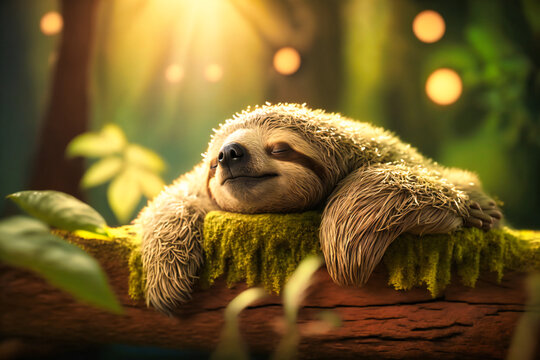 Relaxed sloth taking a nap on a tree branch