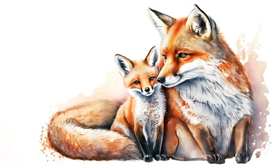 Fox mother and baby. Cute cartoon fox family. White  background. Greeting card. Watercolor cartoon illustration. Generative AI