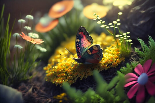 Vibrant butterfly fluttering among colorful flowers