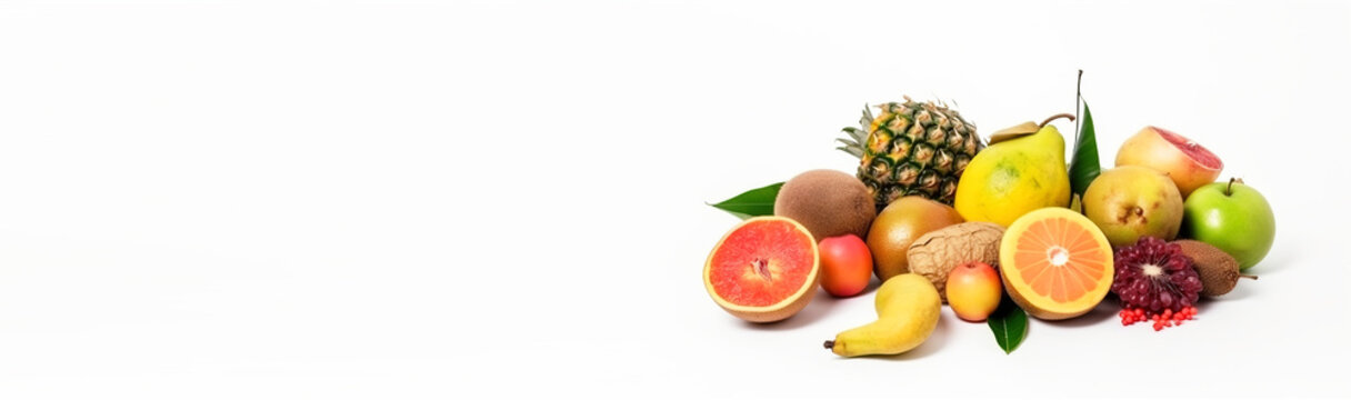 Assortment of exotic tropical fruits isolated on white background. Header banner mockup with space. AI generated.
