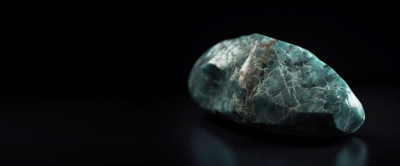 Naklejka premium Grandidierite is a rare precious natural stone on a black background. AI generated. Header banner mockup with space.