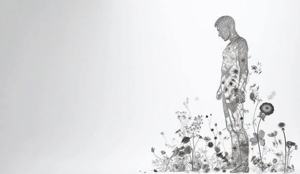 Health Day, black and white concept image of a man from grass, flowers. AI generated.