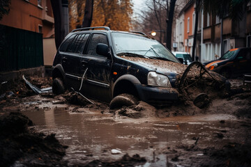 Obraz na płótnie Canvas natural disaster scene, destroyed car on the street in a flooded city after a hurricane, created with generative ai