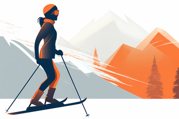 Stylish woman skier looking at ski slopes