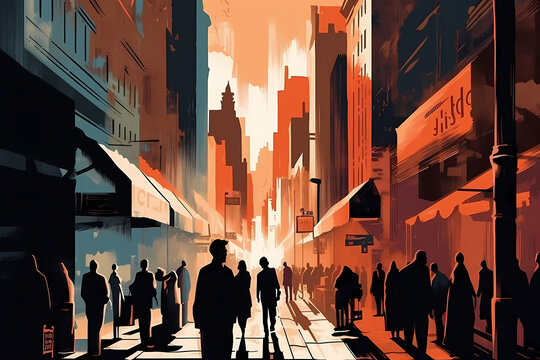 Silouettes Of People On A Street, Illustration