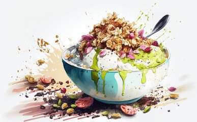 Drawn granola, muesli, or oatmeal watercolor breakfast granola illustrations Generative AI