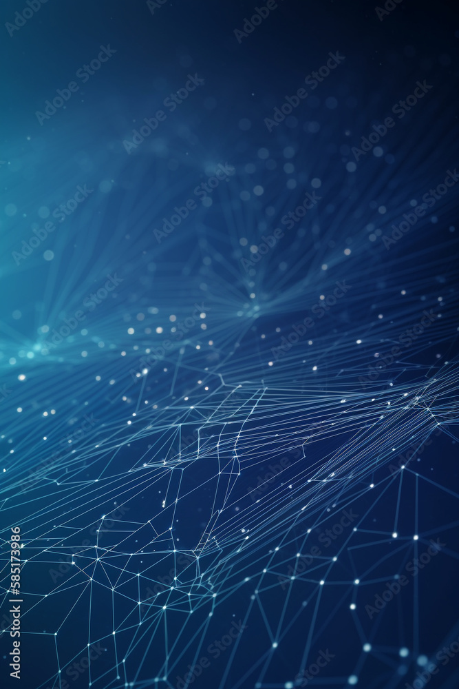 Wall mural abstract connected blue dots and line on deep blue background, data flow concept, neural network of 
