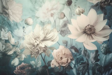  a bunch of flowers that are on a wall in a room with a blue wallpaper and a blue wall behind them and a blue wall.  generative ai - obrazy, fototapety, plakaty