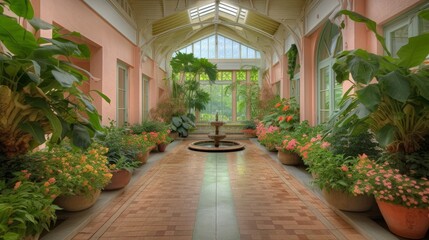 Fototapeta na wymiar A captivating pastel-colored botanical garden interior, showcasing a vibrant collection of lush foliage, exotic plants, and delicate flowers, creating a serene and enchanting atmosphere.