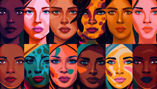 group of people in colors, women face portraits illustration seamless pattern wallpaper, power women thoughtful diversity equality difference gap, angry shocked different kinds, generative ai