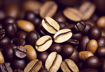 A close up of coffee beans with the word coffee on it.  Generative ai