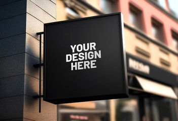 Black square signboard mockup in outside for logo design, brand presentation for companies, ad, advertising, shops.