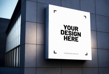 White square signboard mockup in outside for logo design, brand presentation for companies, ad, advertising, shops.