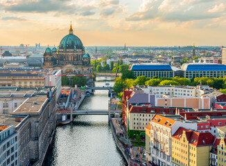 Berlin Cathedral (Berliner Dom) on Museum island and Spree river at sunset, Germany