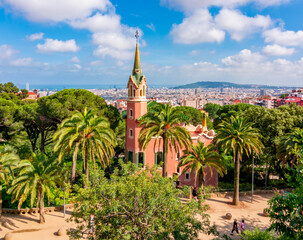 Gaudi House Museum in Guell park, Barcelona, Spain - obrazy, fototapety, plakaty
